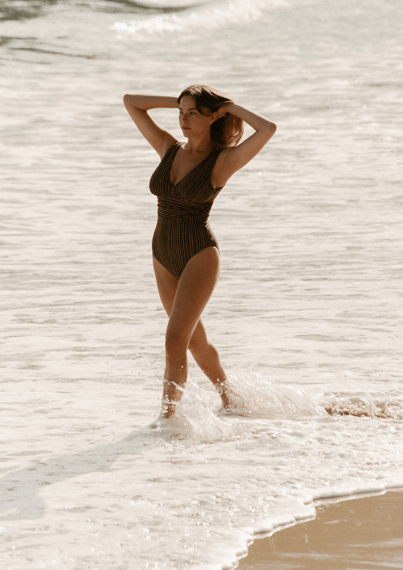 Bokumaia Gaia One Piece in Mocha Stripe – curve-enhancing one-piece swimsuit with supportive bust design