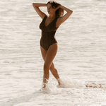 Bokumaia Gaia One Piece in Mocha Stripe – curve-enhancing one-piece swimsuit with supportive bust design