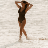 Bokumaia Gaia One Piece in Mocha Stripe – curve-enhancing one-piece swimsuit with supportive bust design