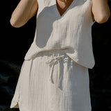 Sahara Mini Skirt Ecru close up paired with Echo Tank for beach to bar wear