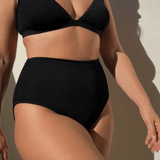 Black textured triangle bikini top styled with matching high-waisted bikini bottoms, highlighting sculpted support.